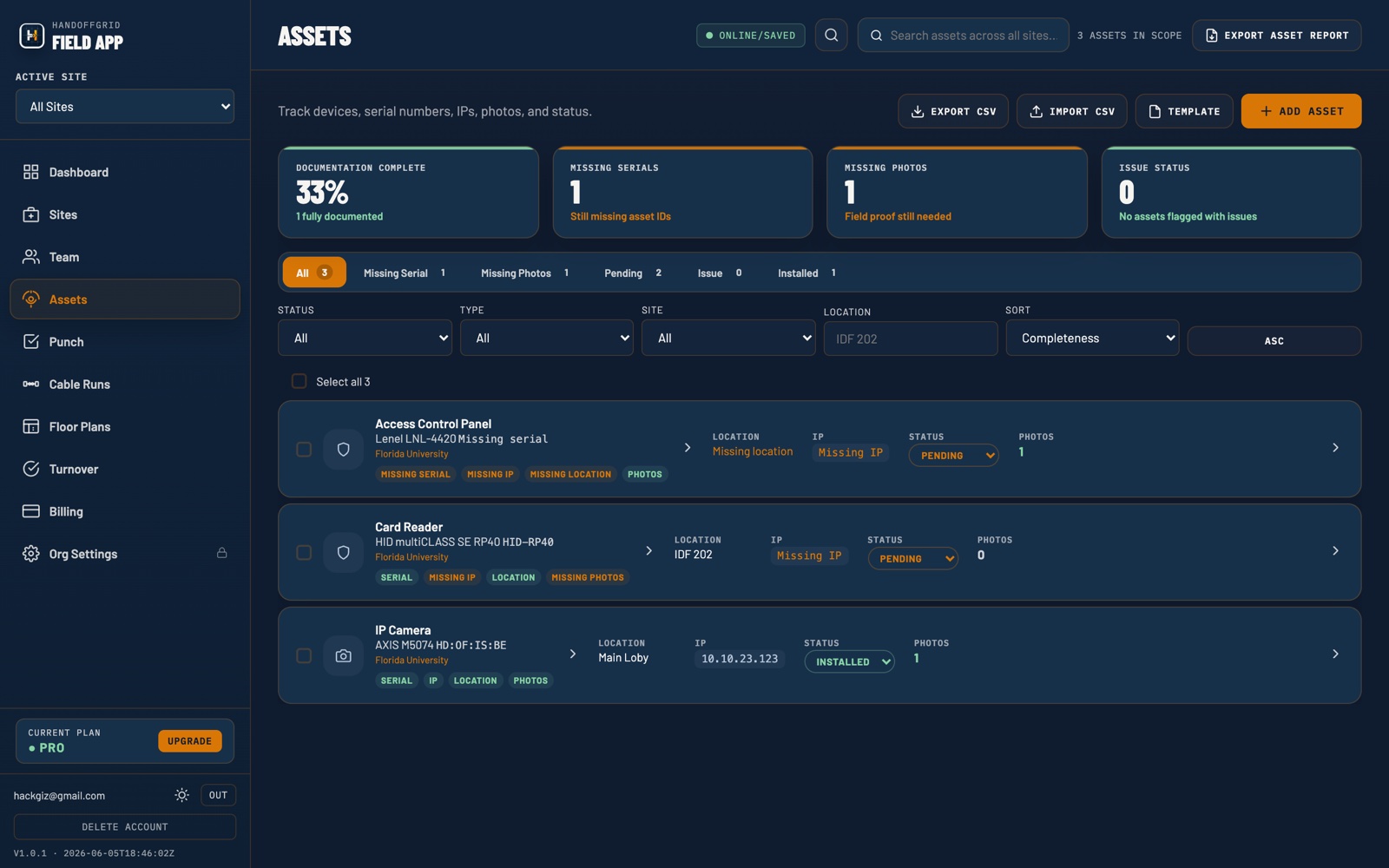 HandoffGrid asset register showing installed device records.