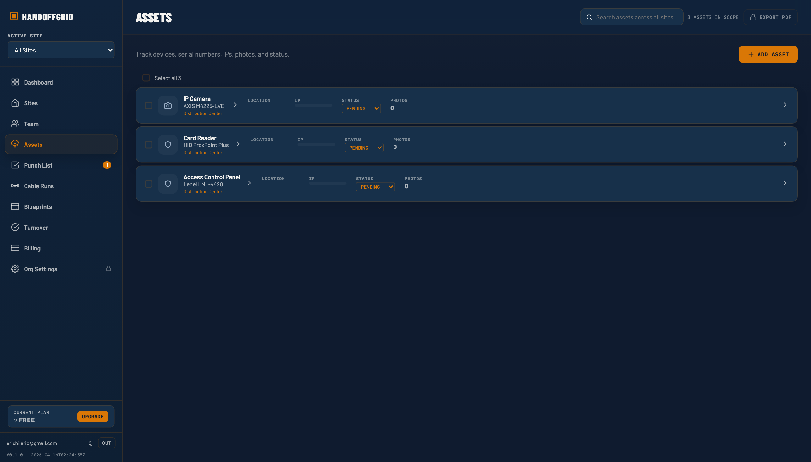 HandoffGrid asset register showing installed device records.