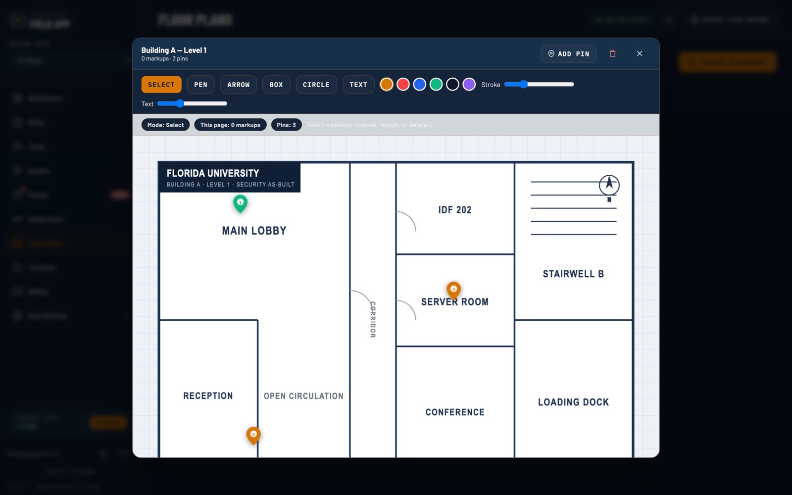 HandoffGrid blueprint viewer showing a Florida University floor plan with device pins for a camera, card reader, and access control panel, plus markup tools.