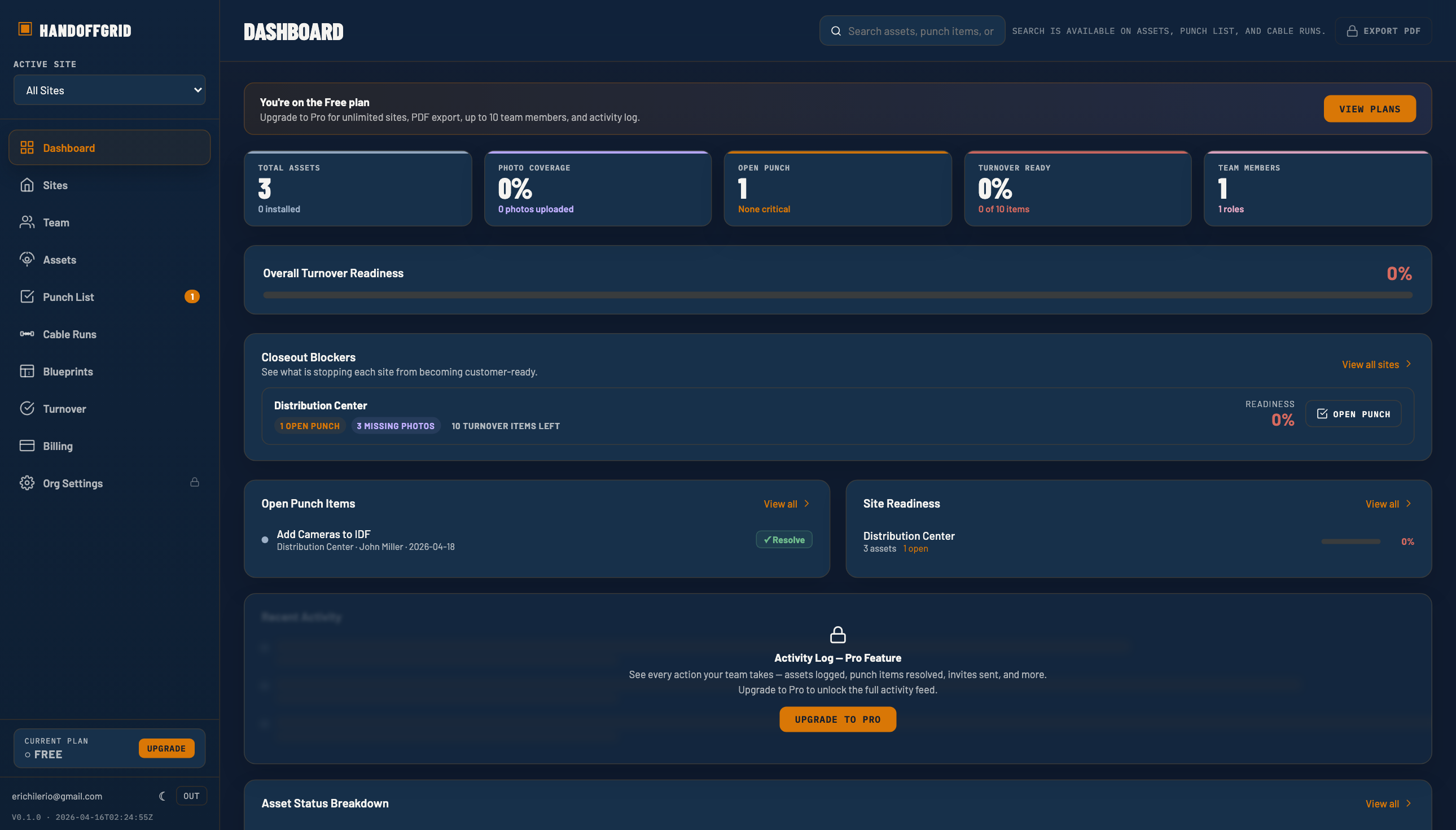 HandoffGrid dashboard showing project status and next best actions.