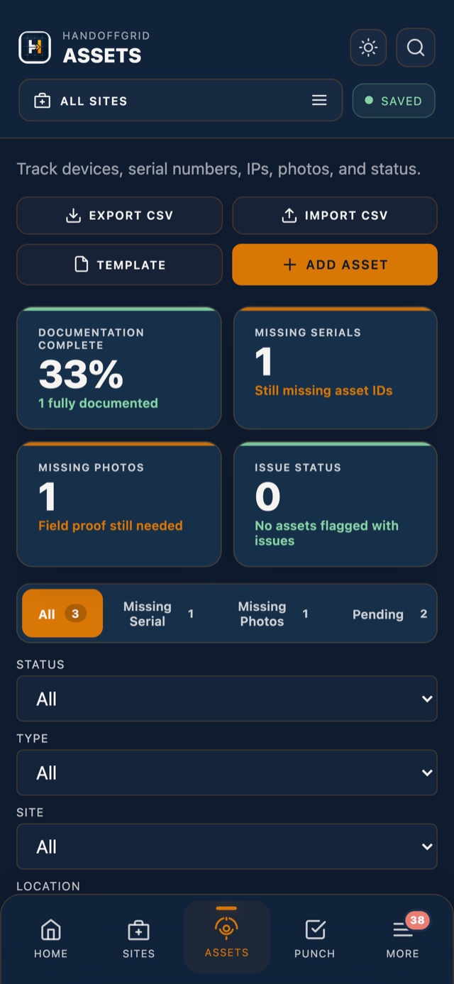 HandoffGrid iPhone assets screen preview.