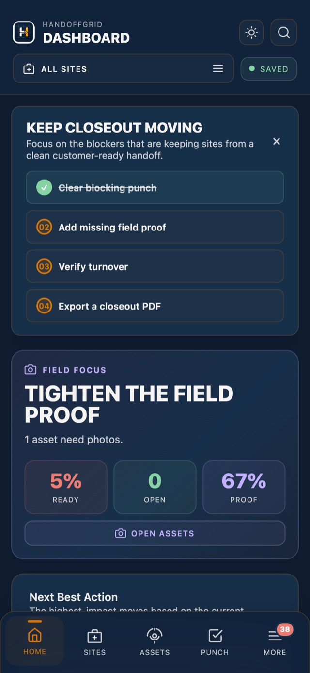 HandoffGrid iPhone dashboard preview.