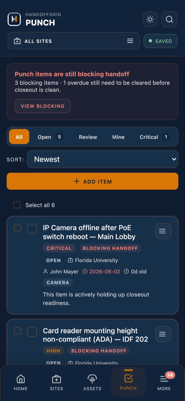 HandoffGrid iPhone punch list screen preview.