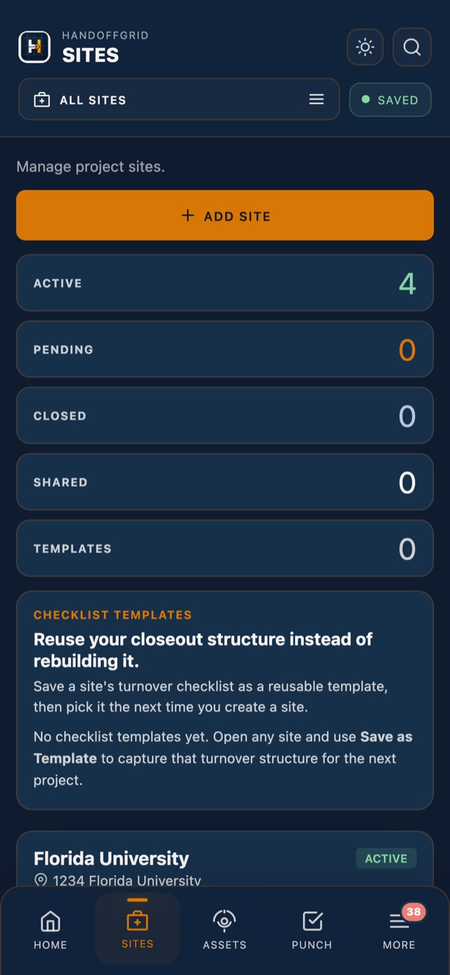 HandoffGrid iPhone sites screen preview.