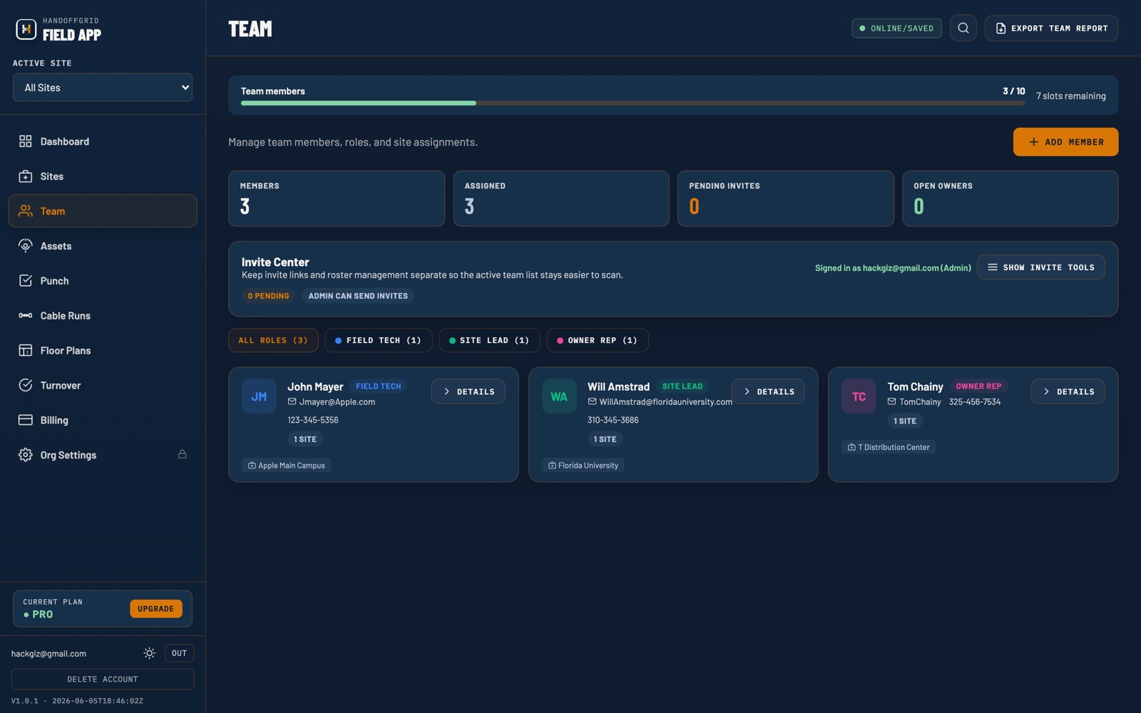 HandoffGrid team management showing members with roles such as Field Tech, Site Lead, and Owner Rep, and role-based access.