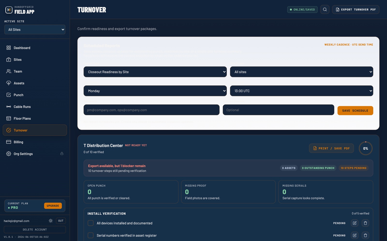 HandoffGrid turnover checklist showing closeout readiness.